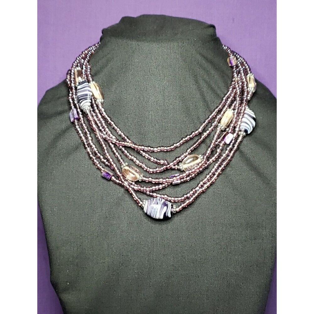 Multilayered Purple Glass Beaded Necklace, Seed Beads, Swirled Art Glass, Shell